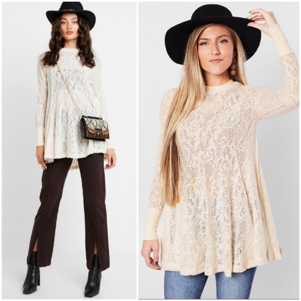 FREE PEOPLE TUNIC TOP COFFE IN THE MORNING LONG SLEEVE LACE BOHO HIPPIE CREAM XS